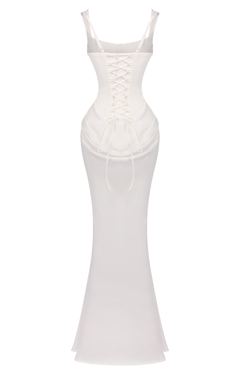 Corset Bodice Draped Maxi Dress in White