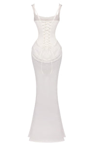 Corset Bodice Draped Maxi Dress in White