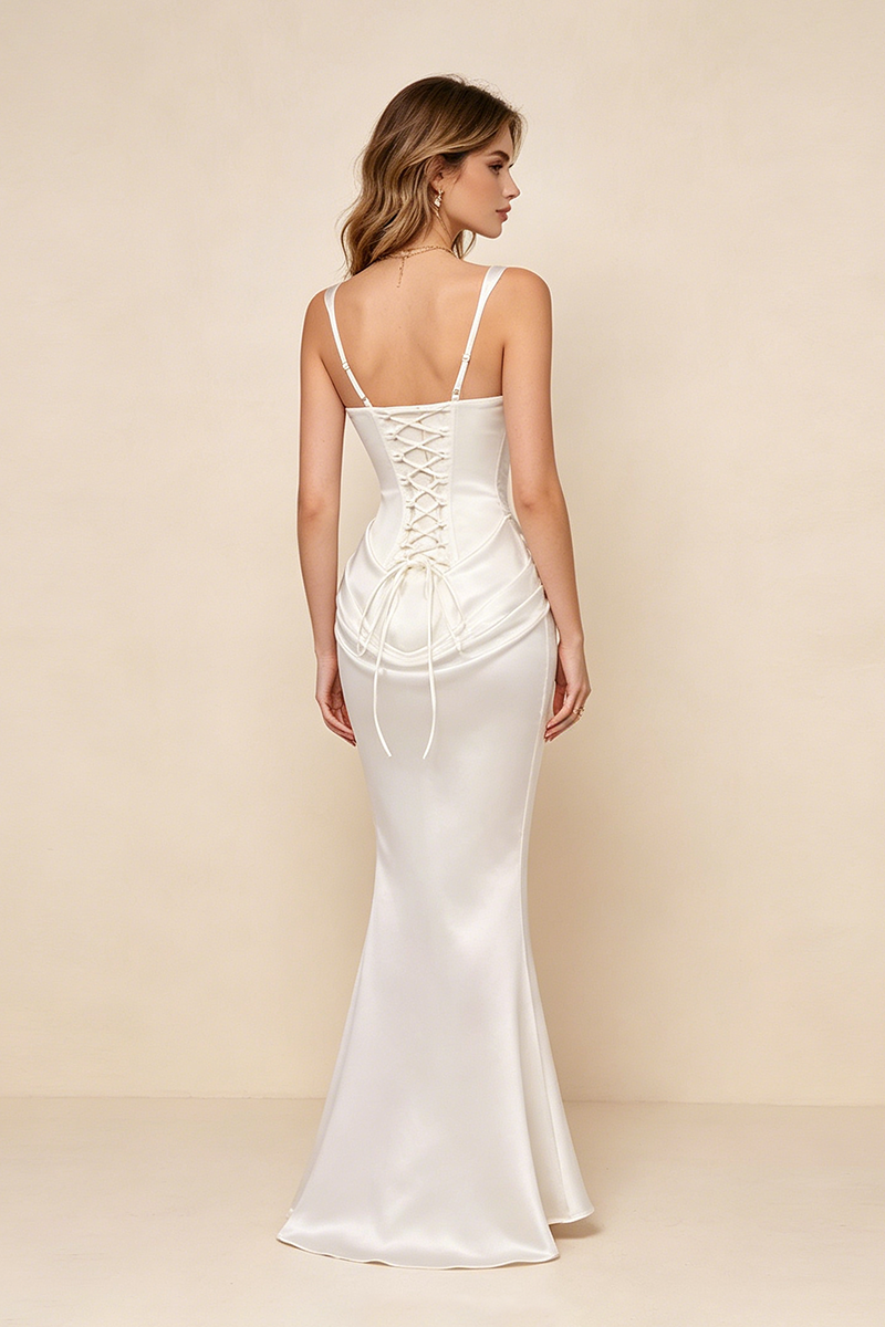 Corset Bodice Draped Maxi Dress in White