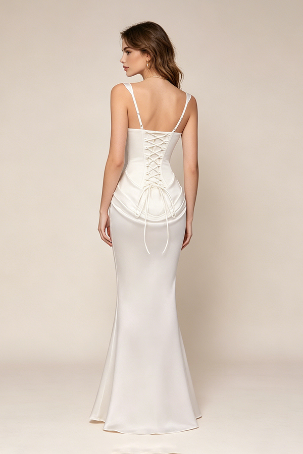 Corset Bodice Draped Maxi Dress in White