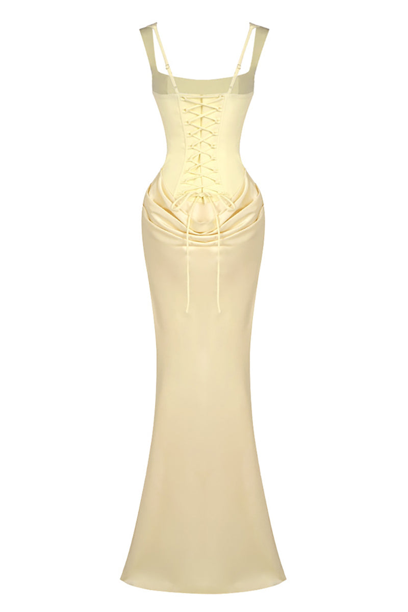 Corset Bodice Draped Maxi Dress in Yellow