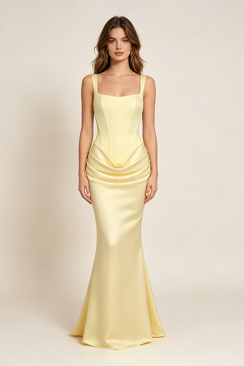Corset Bodice Draped Maxi Dress in Yellow