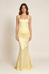 Corset Bodice Draped Maxi Dress in Yellow