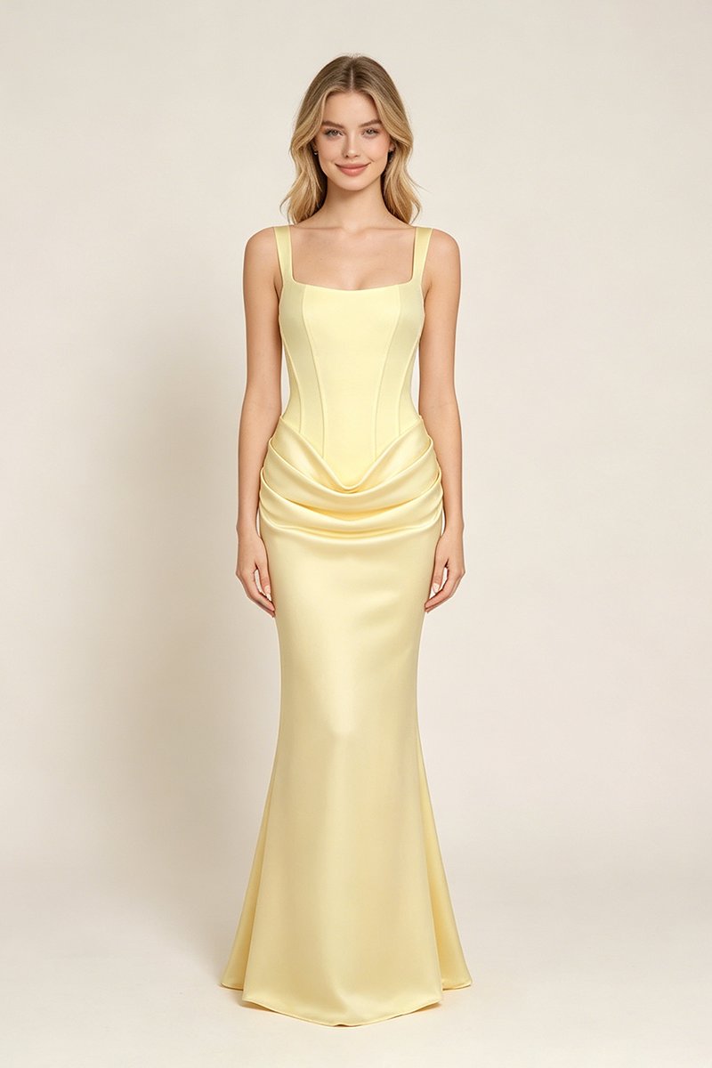 Corset Bodice Draped Maxi Dress in Yellow