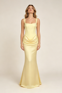 Corset Bodice Draped Maxi Dress in Yellow