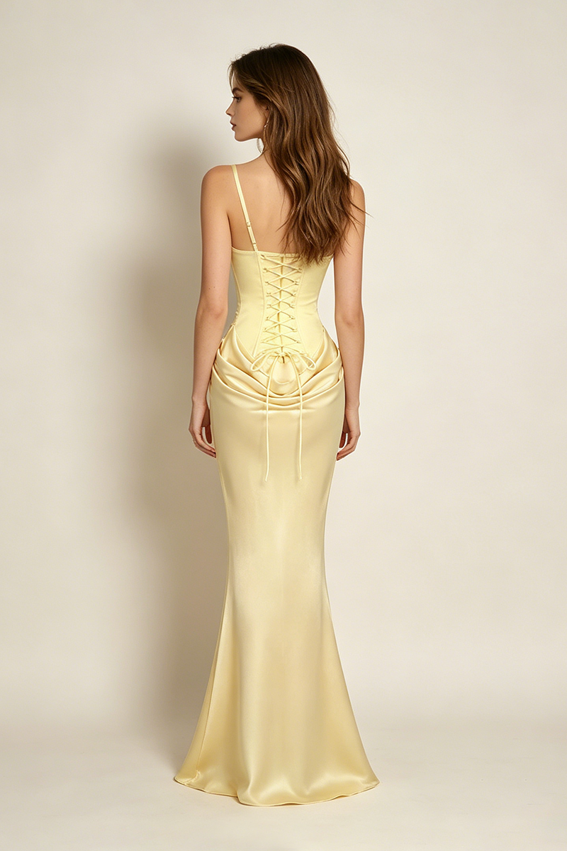 Corset Bodice Draped Maxi Dress in Yellow