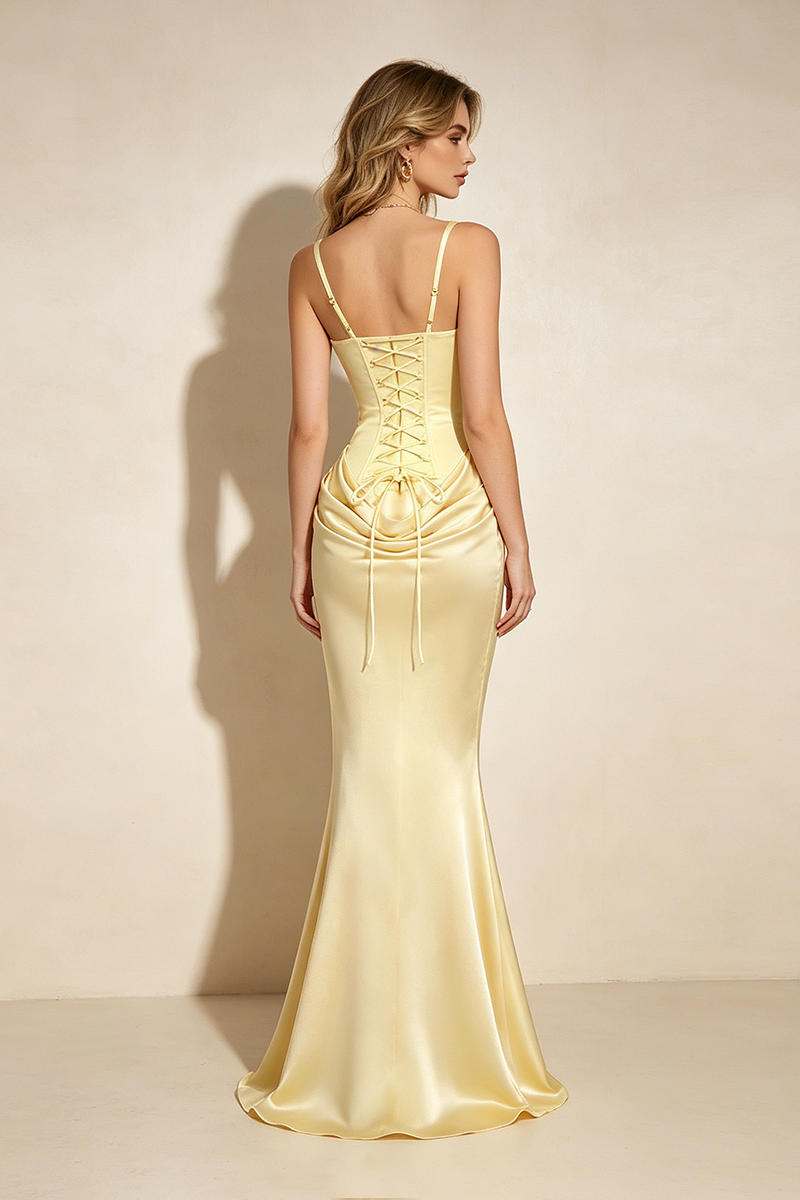 Corset Bodice Draped Maxi Dress in Yellow
