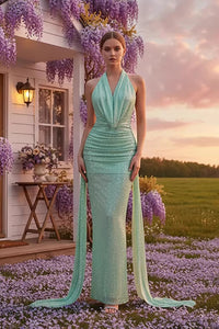 Cowl Backless Sequin Maxi Dress in Green