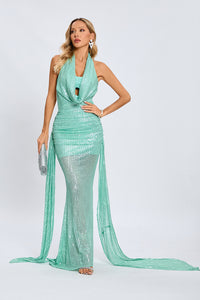 Cowl Backless Sequin Maxi Dress in Green