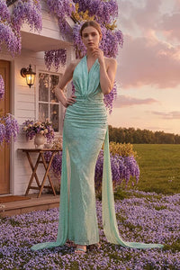 Cowl Backless Sequin Maxi Dress in Green