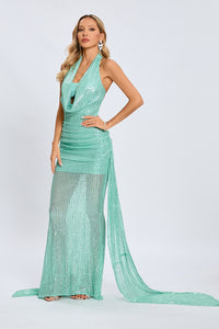 Cowl Backless Sequin Maxi Dress in Green