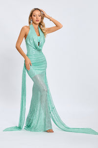 Cowl Backless Sequin Maxi Dress in Green