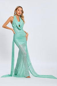 Cowl Backless Sequin Maxi Dress in Green