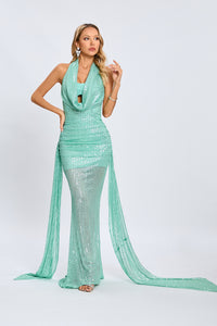 Cowl Backless Sequin Maxi Dress in Green