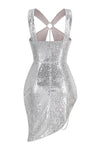 Cross Sequin Cutout Asymmetric Mini Dress