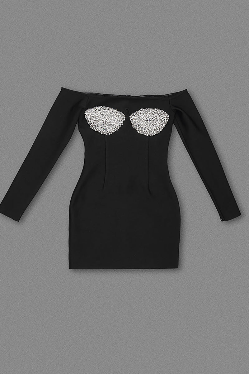Crystal-Embellished Off-Shoulder Mini Dres In Black