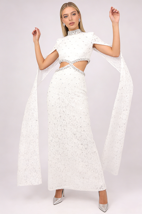 Crystal-embellished Cutout Lace Maxi Dress