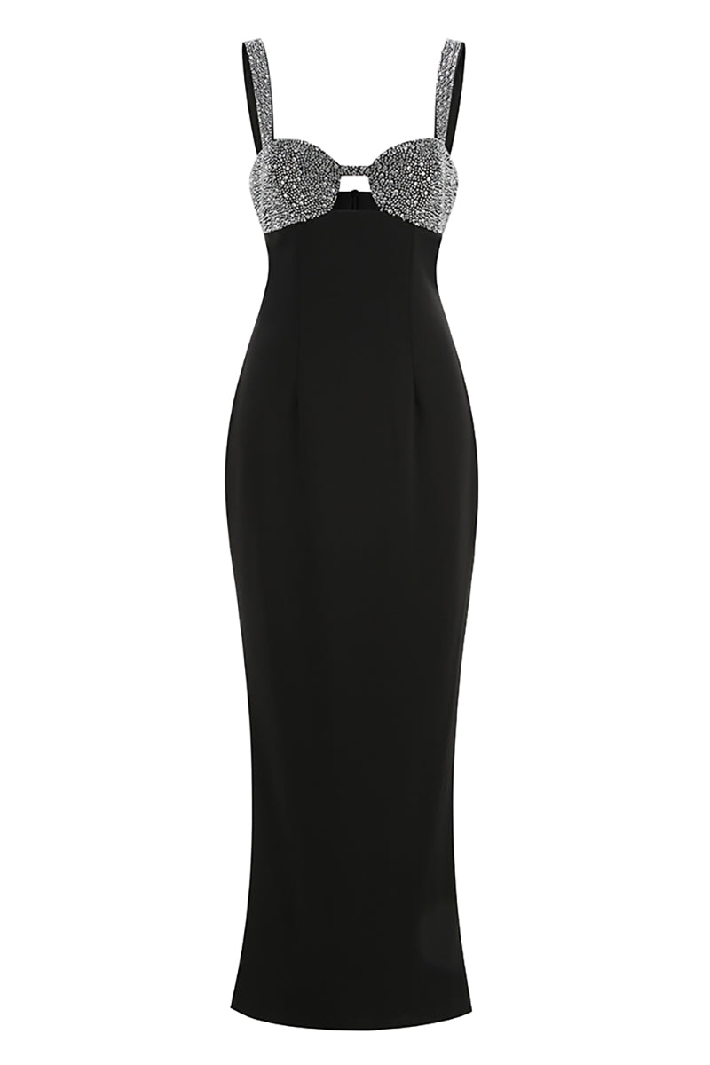 black crepe maxi dress Crystal Embellished Crepe Maxi Dress in Black – CHICIDA