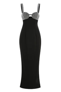Crystal Embellished Crepe Maxi Dress in Black