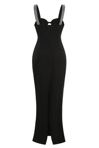 Crystal Embellished Crepe Maxi Dress in Black
