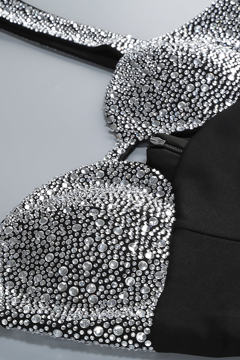 Crystal Embellished Crepe Maxi Dress in Black