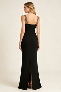 Crystal Embellished Crepe Maxi Dress in Black