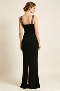Crystal Embellished Crepe Maxi Dress in Black
