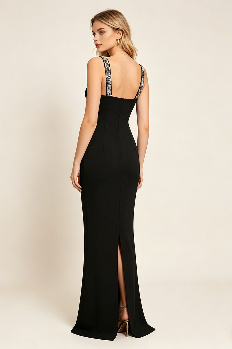 Crystal Embellished Crepe Maxi Dress in Black