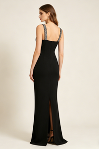 Crystal Embellished Crepe Maxi Dress in Black