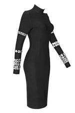 Black Crystal Embellished Stretch Bandage Midi Dress