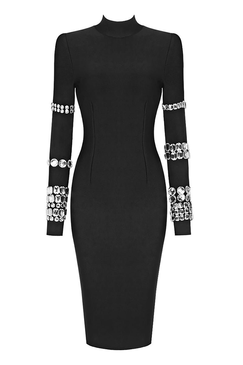 Black Crystal Embellished Stretch Bandage Midi Dress