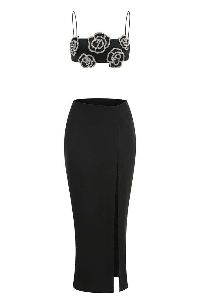 Crystal Embellished Top Asymmetrical Maxi Skirt