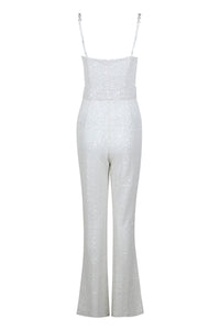 Crystal Strappy Sequin Jumpsuit in White