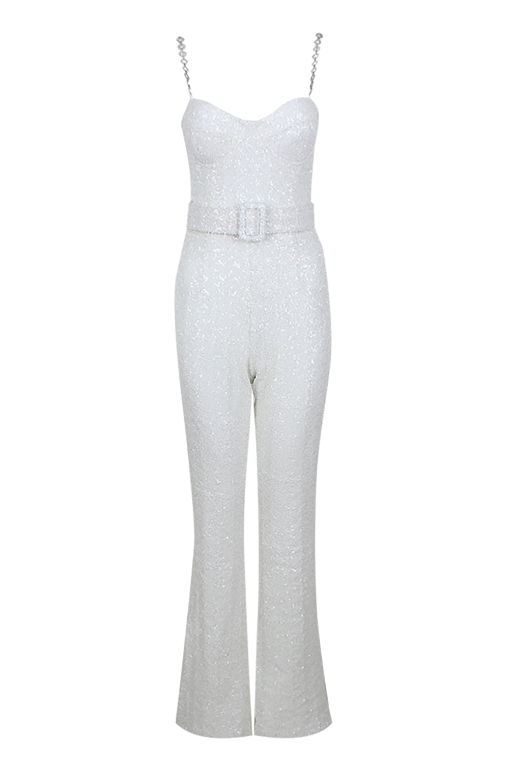 Crystal Strappy Sequin Jumpsuit in White