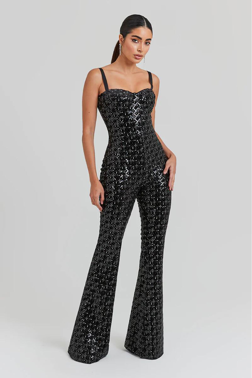 Crystal Strappy Sequin Purple Jumpsuit in Black