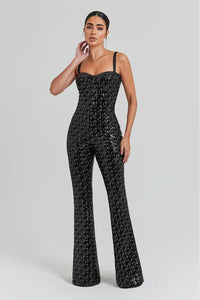 Crystal Strappy Sequin Purple Jumpsuit in Black