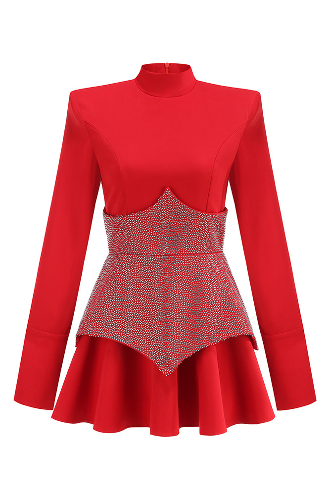 Crystal Embelllished Shaper A-Line Dress in Red