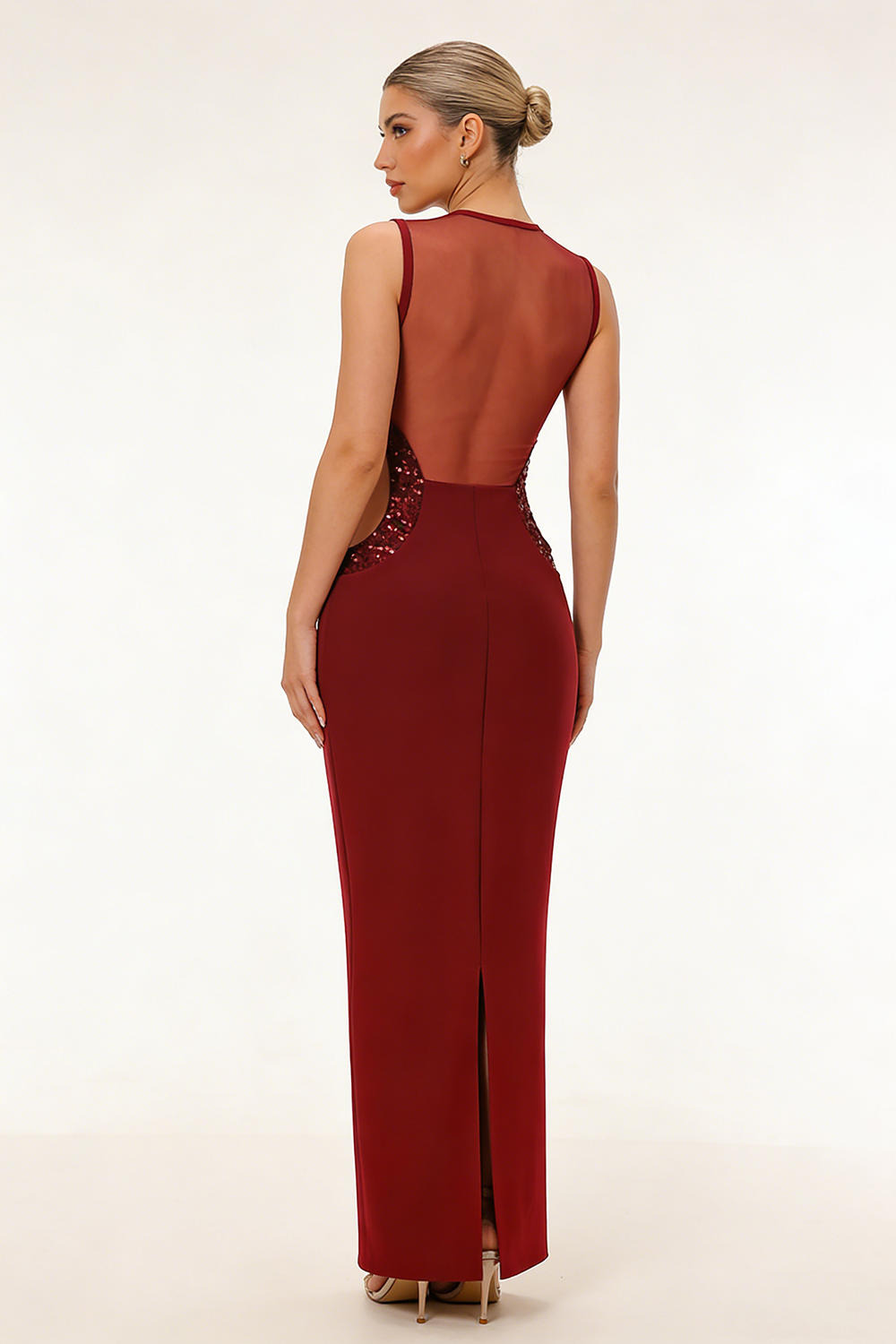Cut Out Sequin Mesh-insert Gown In Burgundy CHICIDA Cut Out Sequin Mesh-insert Gown In Burgundy CHICIDA