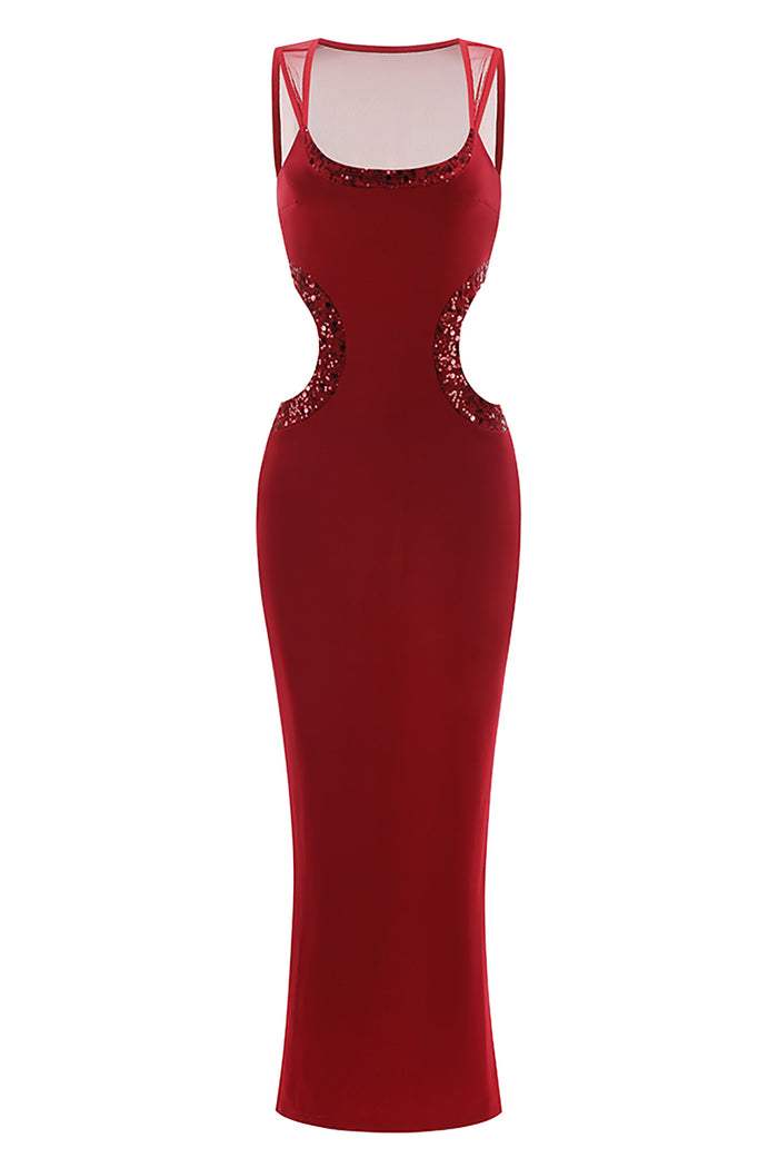 Cut Out Sequin Mesh-insert Gown In Burgundy