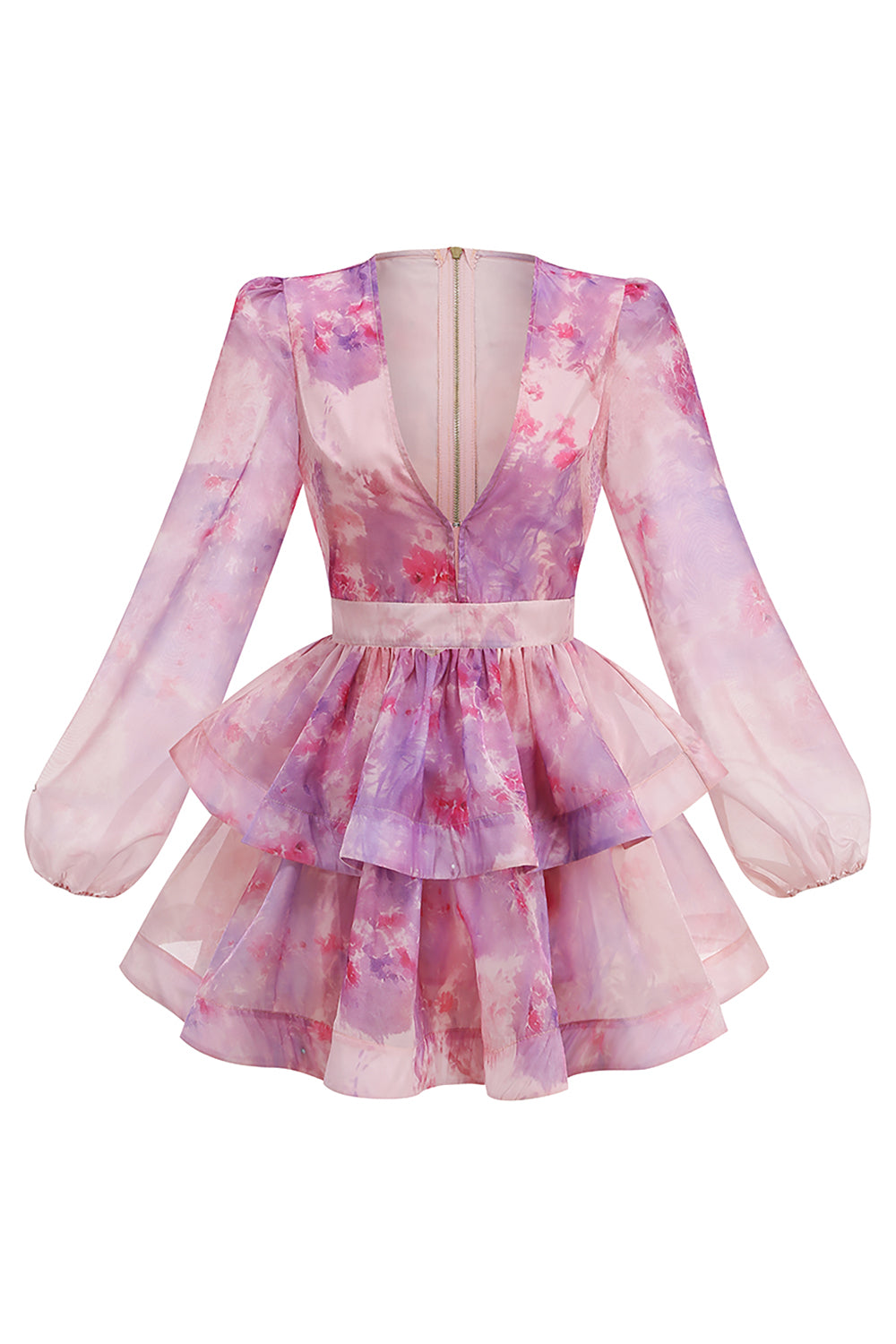 Deep V-Neck Floral Print Ruffled Mini Dress