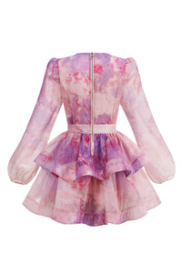 Deep V-Neck Floral Print Ruffled Mini Dress