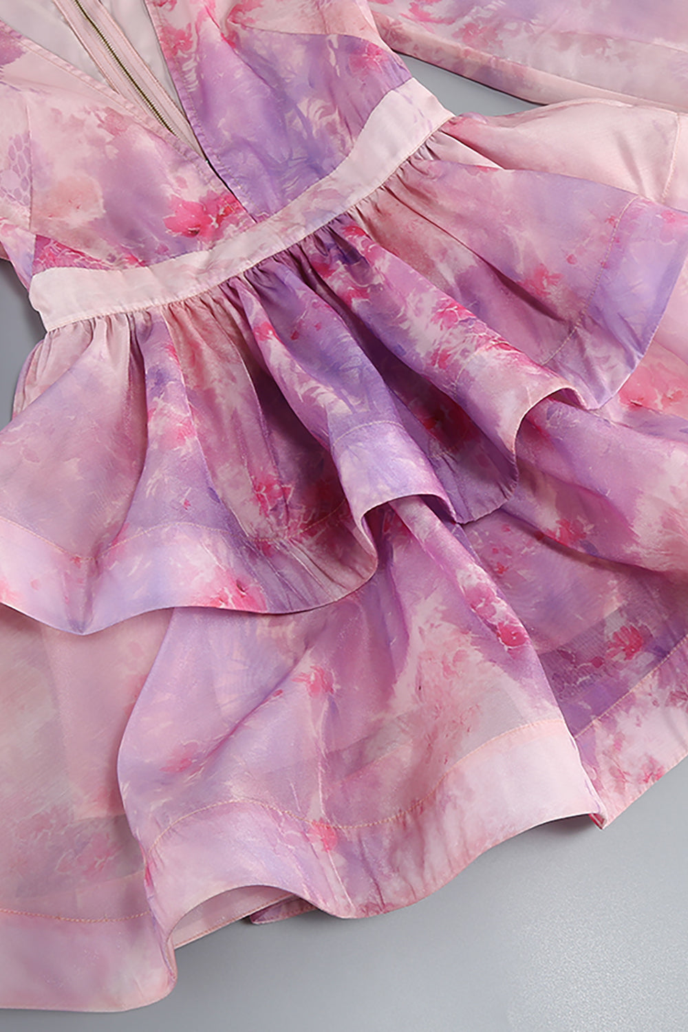 Deep V-Neck Floral Print Ruffled Mini Dress