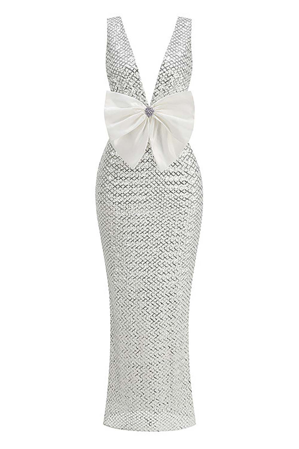Deep V Bow Sequin Maxi Dress in White