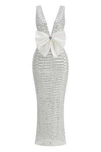 Deep V Bow Sequin Maxi Dress in White
