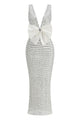 Deep V Bow Sequin Maxi Dress in White