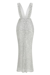 Deep V Bow Sequin Maxi Dress in White