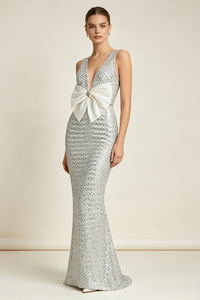Deep V Bow Sequin Maxi Dress in White