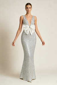 Deep V Bow Sequin Maxi Dress in White