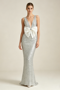 Deep V Bow Sequin Maxi Dress in White
