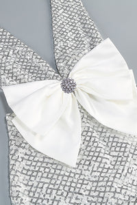 Deep V Bow Sequin Maxi Dress in White